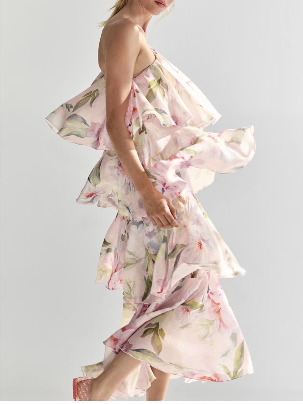 H&M One-Shoulder Floral tiered Maxi Dress, Light Pink and Green linen blend $75